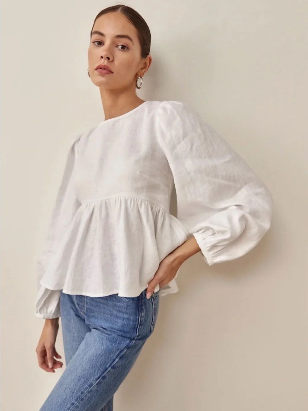 Reformation White Linen Peplum Blouse | Balloon Sleeve | 100% Linen | NWOT
